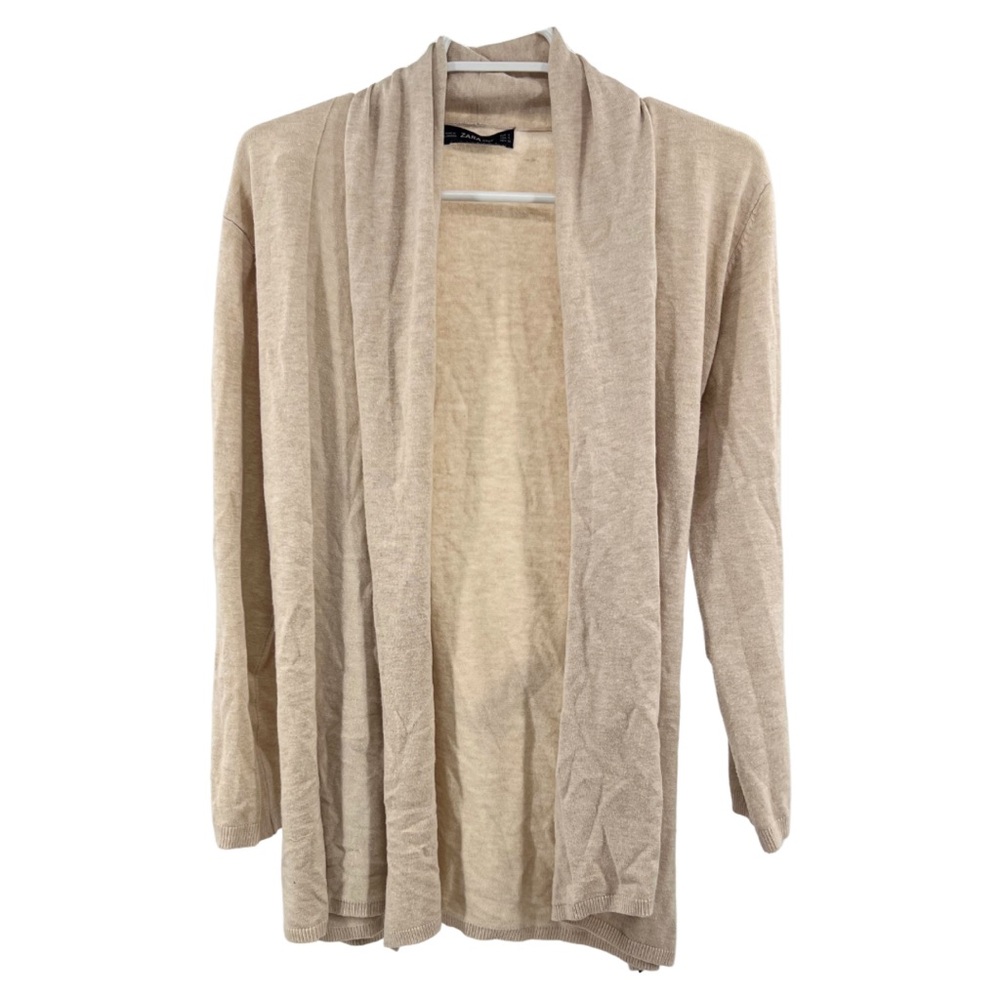 Zara knit open front tie waist cream cardigan S fall neutral casual business